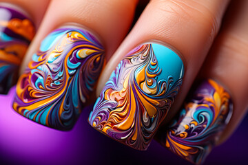 Mesmerizing close-up capture of a hand showcasing vibrant, psychedelic nail art with intricate swirl patterns on a plain background.