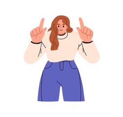 Poster - Happy woman showing, pointing up with fingers. Smiling excited person advertising, promoting, presenting something, gesturing with hands. Flat vector illustration isolated on white background