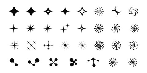 Poster - Set of retro graphic shapes, stars, sparkles, blinks, round tribal stickers, metaballs, y2k symbols, vector black badges.