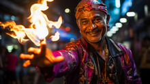 Vibrant Bangkok street performer juggling flaming torches against dazzling neon signs backdrop, encapsulating urban culture, traditional spectacle, and electrifying nightlife.