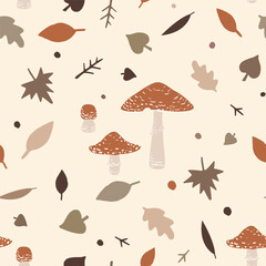 Wall Mural - Cute Amanita mushrooms and autumn leaves doodle seamless pattern. Fall elements, Forest natural fly agaric vector background