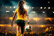 back view of woman soccer player kicking towards goal in football stadium at night