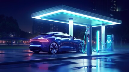 Wall Mural - A blue electric car charging at a gas station at night