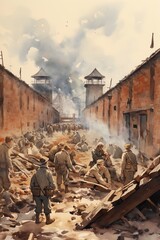 Wall Mural - World War II prisoner of war POW camp scene illustration.