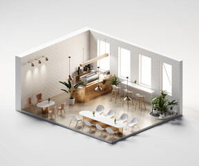 Poster - Isometric view minimal cafe store open inside interior architecture, 3d rendering digital art.