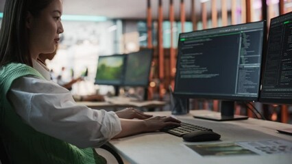 Aufkleber - Female Asian Game Programmer Coding On Desktop Computer In Game Development Studio Diverse Office. Focused Woman Writes Lines Of Code, Does AI Engineering For New Immersive 3D RPG Video Game.