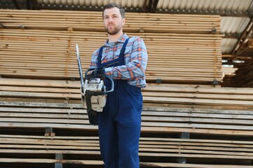 Sticker - Carpenter in uniform check boards on sawmill