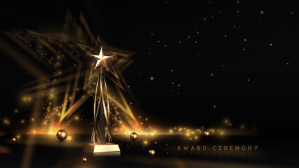 Wall Mural - trophy gold star on podium with ribbon elements and glitter light effects decorations and bokeh. lux