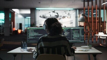 Wall Mural - Creative Office: Professional Black Female Programmer Uses Headphones, Working on Desktop Computer. Focused Coder, Software Engineer Developing App, Video Game. Listening to Podcast, Music. Back View.