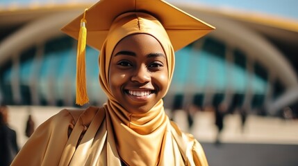 Canvas Print - Success Young African American woman students graduation at university, Certificate achievement, Muslim woman.