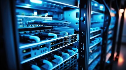 Poster - Internet cables and wires in server room with switch in company on the development of a quantum computer, Network background.