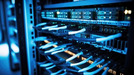 Poster - Internet cables and wires in server room with switch in company on the development of a quantum computer, Network background.