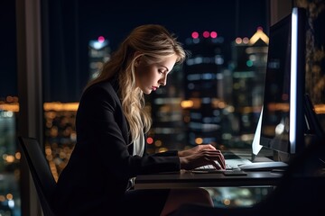 Fototapete - A businessman girl is working on a laptop