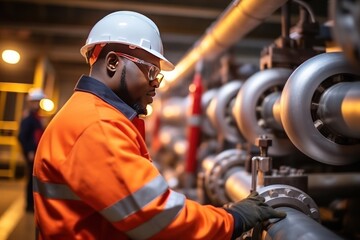 An African American worker in an orange work suit checks the quality of pipe connections at a gas distribution station. Gas pipeline as a means of supplying the plant with electricity and heat.