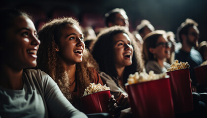 Amigos viendo películas en el cine y riendo. Grupo de personas en teatro con palomitas y bebidas.Ia generado.