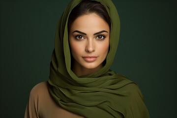 Studio portrait of beautifil arab woma in head scarf hijab on different colours background