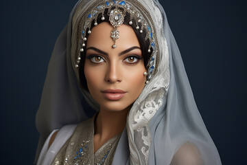 Studio portrait of beautifil arab woma in head scarf hijab on different colours background