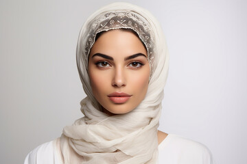 Studio portrait of beautifil arab woma in head scarf hijab on different colours background