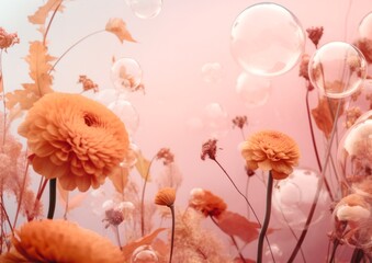 Floral plant creative concept, flowers bubble and smoke explosion, mist of delicate colors on pastel autumn color background. Romantic decoration, copy space layout for text. Fall or spring creative.