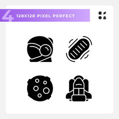 Wall Mural - Moon landing pixel perfect black glyph icons set on white space. Space mission. Lunar surface. Science progress. Silhouette symbols. Solid pictogram pack. Vector isolated illustration