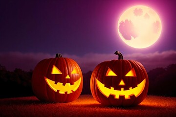 Two scary two pumpkins under the moon. Generative AI