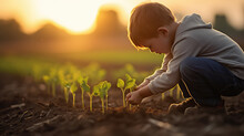 A Child Squats In A Field And Plants A Corn Sprout In The Ground. Sunny Day, Child Gardener Helps On Farming. 