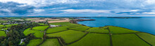 Panorama Of Sunset Over Fields And Farms From A Drone, Monk Haven Beach, Pembrokeshire Coast Path, Haverfordwest, Wales, England