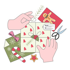 Poster - Festive tradition, hands wrapping presents with colorful paper and cards.