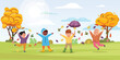 Outdoor leisure park activities illustration with a group of different children enjoying an autumn.