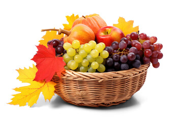 Wall Mural - wicker basket with autumn harvest, png file of isolated cutout object with shadow on transparent background.