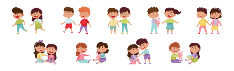 Wall Mural - Happy Friendly Children Characters Playing Together Vector Set