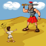 Fototapeta Pokój dzieciecy - Cartoon illustration of David and Goliath in the desert