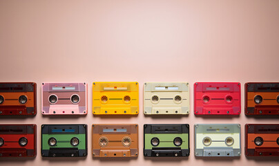 collection of various vintage audio cassettes. retro styled background The Nineties Mixed Tape cassette.90's music top view,flat lay retro background