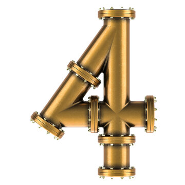 Number 4 from copper, bronze or brass pipes, 3D rendering isolated on transparent background