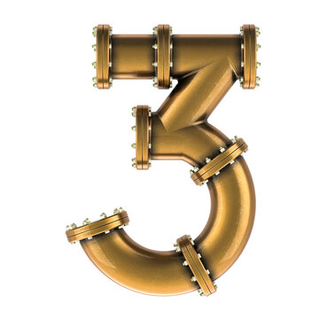Number 3 from copper, bronze or brass pipes, 3D rendering isolated on transparent background