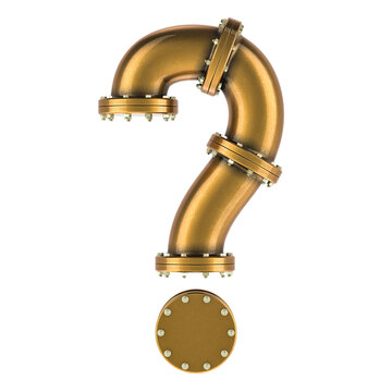 Question mark from copper, bronze or brass pipes, 3D rendering isolated on transparent background
