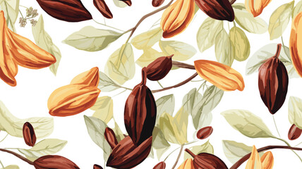 Wall Mural - Beautiful seamless tropical pattern with hand drawn watercolor cocoa fruits and leaves