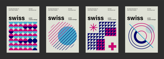 Swiss poster design vector templates. Abstract retro geometric pattern flyers, magazine covers, banners