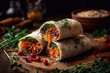 Lavash rolls with pickled vegetables and herbs. Generative AI.
