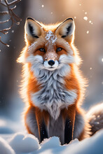 Beautiful Fox On A Winter Background With Snow In Backlight
