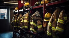 Essential Equipment, Firefighting Gear, Safety Equipment, Helmets, Jackets, Gloves, Boots, Organized Display, Professional Gear, First Responders, Protective Clothing. Generated By AI.