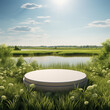 Green grass field with white podium. Summer landscape scene mockup, ai technology