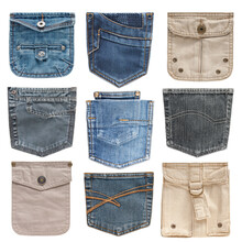 Set of jeans pocket on the transparent background isolated close up, grunge pants detail, trousers design element