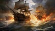 Battle between rival pirate crews, where cannons blast and the ocean trembles with the intensity of swashbuckling conflict. Maritime mayhem, cannonfire drama. Generated by AI.
