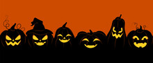 Halloween Pumpkins Banner. Silhouettes Of Jack O Lanterns. Symbol Of Fear And Horror. Traditional International Festival. Cartoon Flat Vector Illustration Isolated On Orange Background