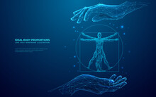 A Man Covers An Abstract Icon Of The Vitruvian Man With His Hands. Digital Science Or Anatomy Concept. Low Poly Wireframe Vector Illustration In Blue Hologram Polygonal Style. Geometric Image.