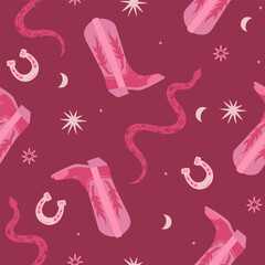 Wall Mural - Trendy pink seamless pattern with cowboy boots, snakes and horseshoes. Vector graphics.