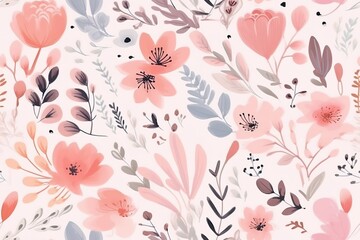 Wall Mural - watercolor pink floral, light pink background, cute simple nursery pattern