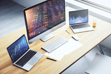 Poster - Modern computer monitor with abstract statistics data hologram interface, computing and analytics concept. 3D Rendering