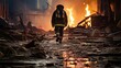 Boots in debris, firefighting scene, courageous firefighters, safety commitment. Generated by AI.